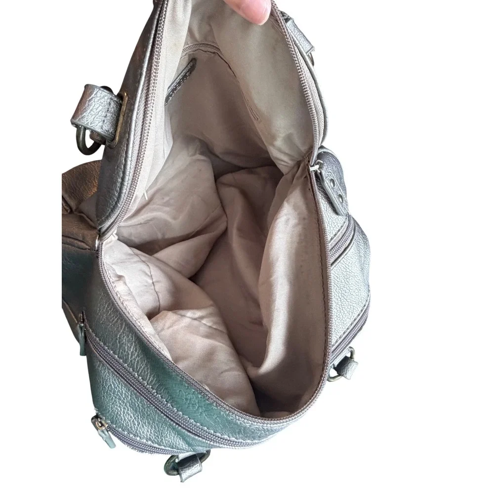Nicole‎ Miller Pewter Metallic Faux Leather Shoulder Bag Satchel Multi-Pocket